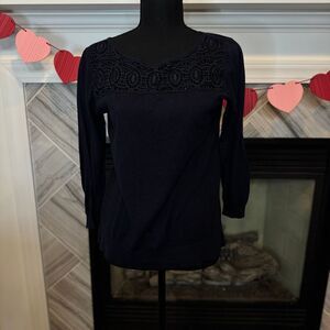 Loft Navy Blue Sweater‎ with Crochet Lace Detail 3/4 Sleeve Casual Top